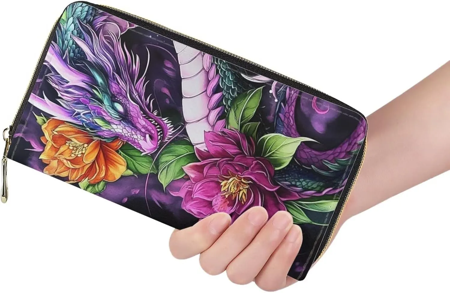GIFTPUZZ Dragon Women’s Leather Long Wallet Zippered Pocket Purse for IDs, Cash & Coins - Stylish Travel & School Handbag for Active Women Colorful