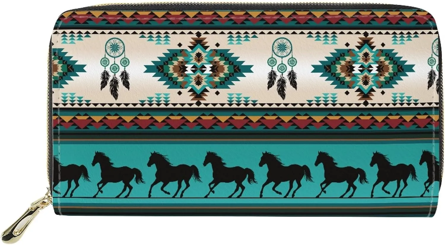 GIFTPUZZ Womens Wallet Turquoise Aztec Horse Pattern Fashion Rfid Blocking Zip Around Clutch for Evening Party Travel Shopping Purse with Card Slots & Zip Coin Pocket