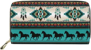 GIFTPUZZ Womens Wallet Turquoise Aztec Horse Pattern Fashion Rfid Blocking Zip Around Clutch for Evening Party Travel Shopping Purse with Card Slots & Zip Coin Pocket