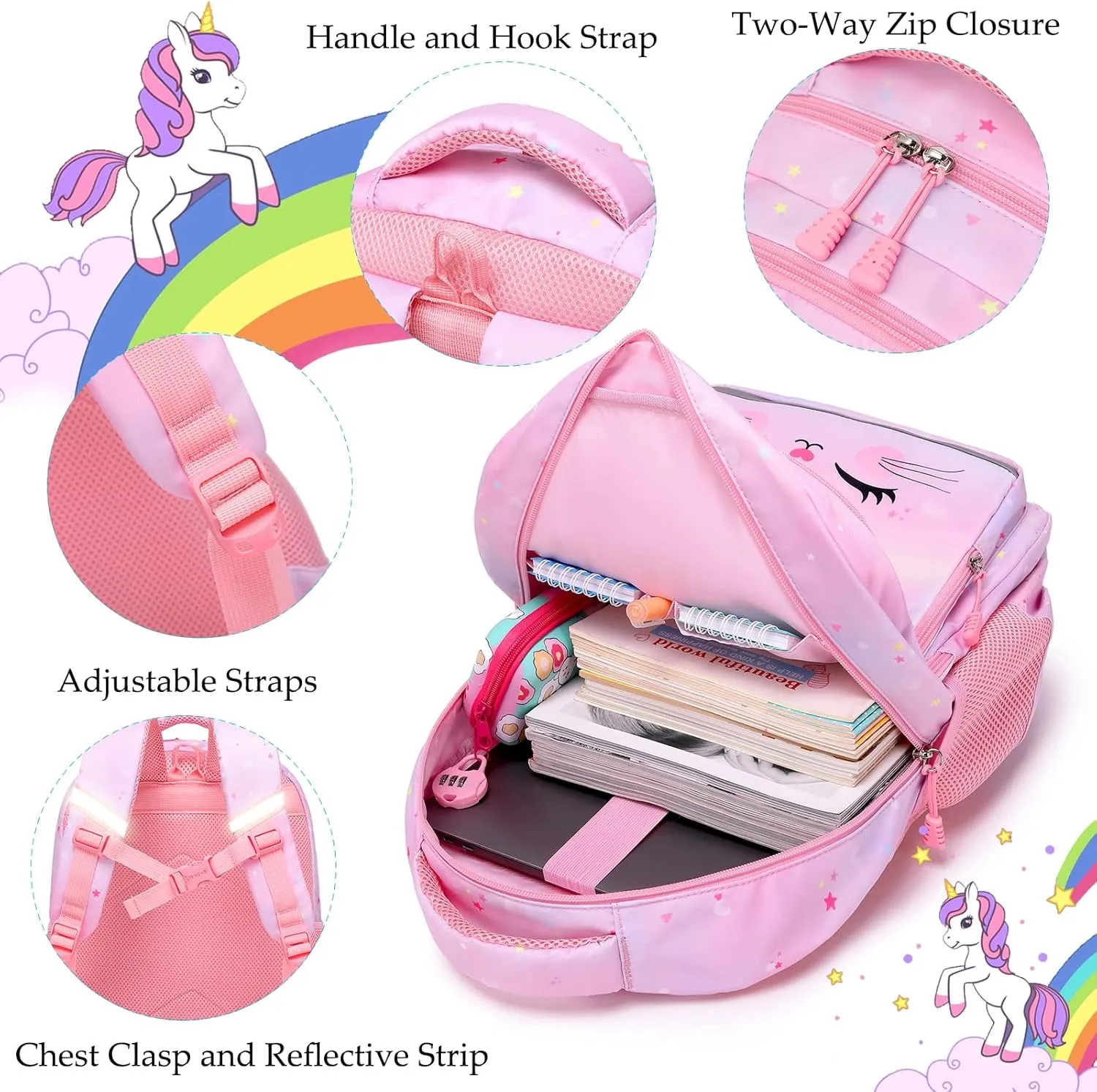 Girls Backpack for Elementary Unicorn Backpack Kids Backpack School Bookbag for Girls 3 in 1 Set Back to School