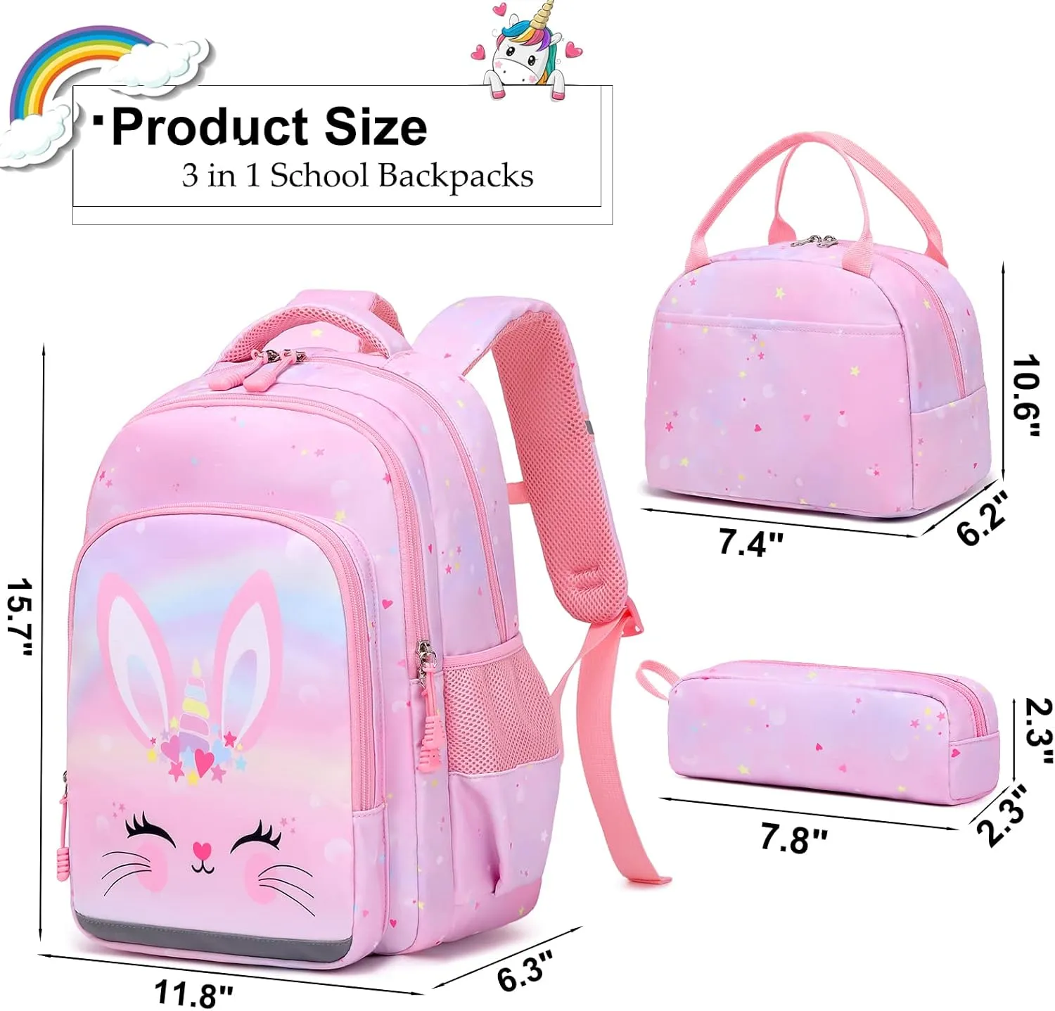 Girls Backpack for Elementary Unicorn Backpack Kids Backpack School Bookbag for Girls 3 in 1 Set Back to School
