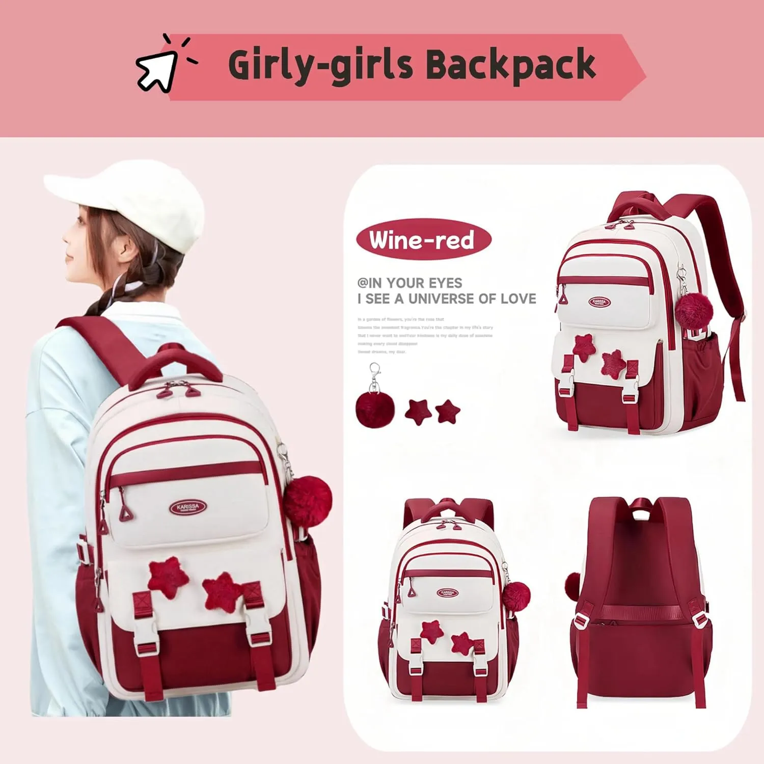 Girls Backpack for Kids Elementary Middle School, Backpack for Teen Girls School Bag, with Star Pins and Furry Pendant, A08-Wine-red