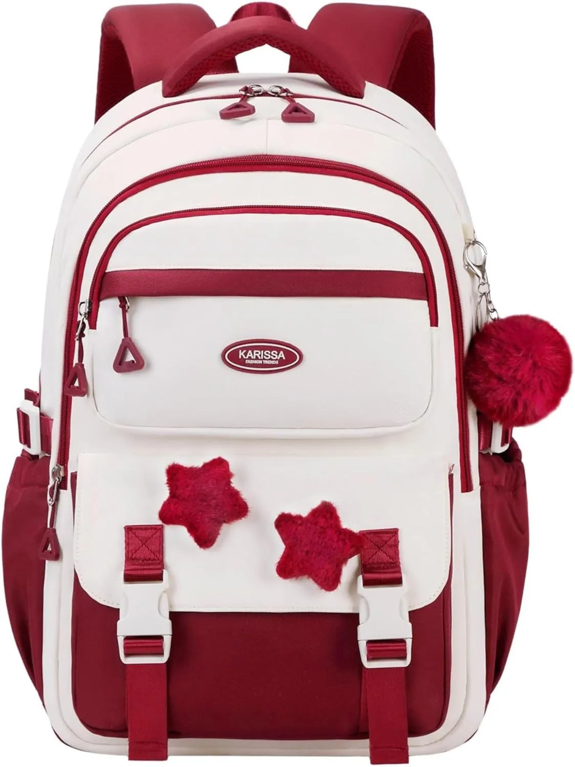 Girls Backpack for Kids Elementary Middle School, Backpack for Teen Girls School Bag, with Star Pins and Furry Pendant, A08-Wine-red