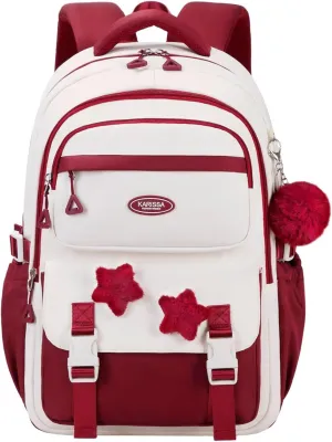 Girls Backpack for Kids Elementary Middle School, Backpack for Teen Girls School Bag, with Star Pins and Furry Pendant, A08-Wine-red