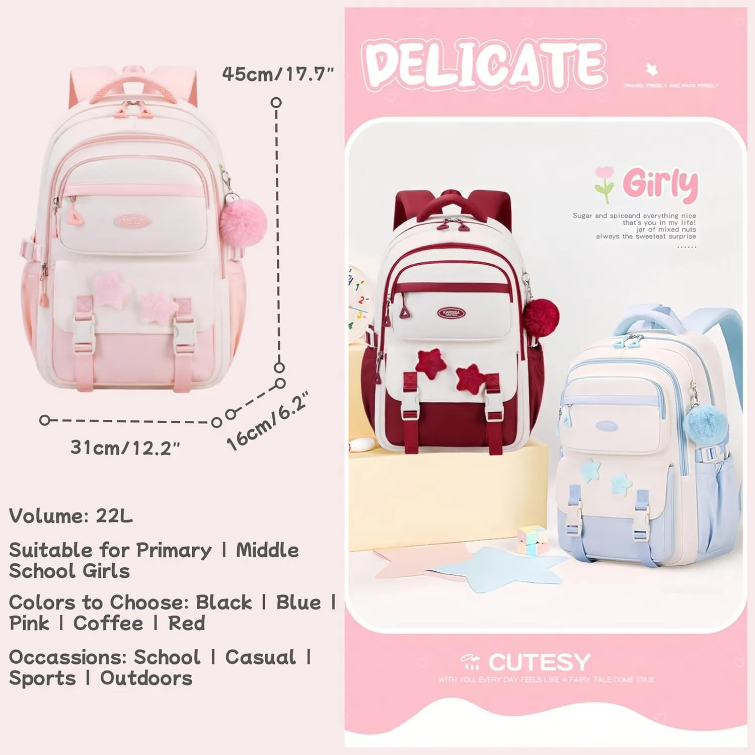 Girls Backpack for Kids Elementary Middle School, Backpack for Teen Girls School Bag, with Star Pins and Furry Pendant, A08-Wine-red