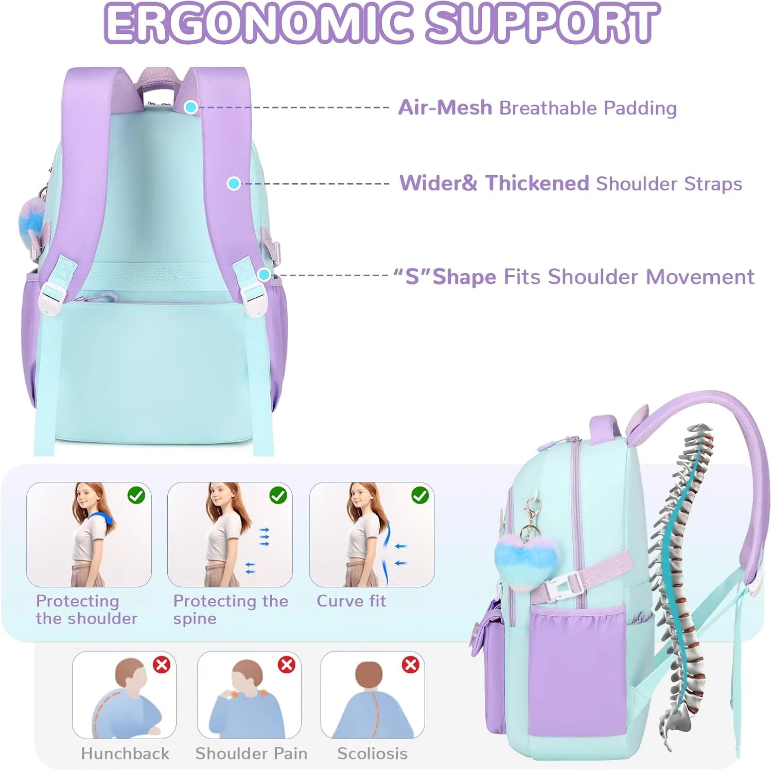 Girls Backpack, Kawaii Kids School Backpack Functional Pockets Watrer Resistant Girls Bookbag for Primary Elementary School,Age 6-14 Years Old, Green and Purple