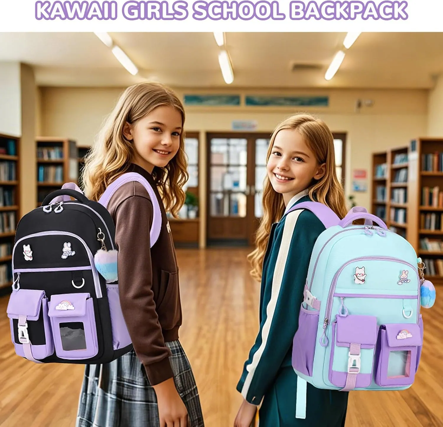 Girls Backpack, Kawaii Kids School Backpack Functional Pockets Watrer Resistant Girls Bookbag for Primary Elementary School,Age 6-14 Years Old, Green and Purple