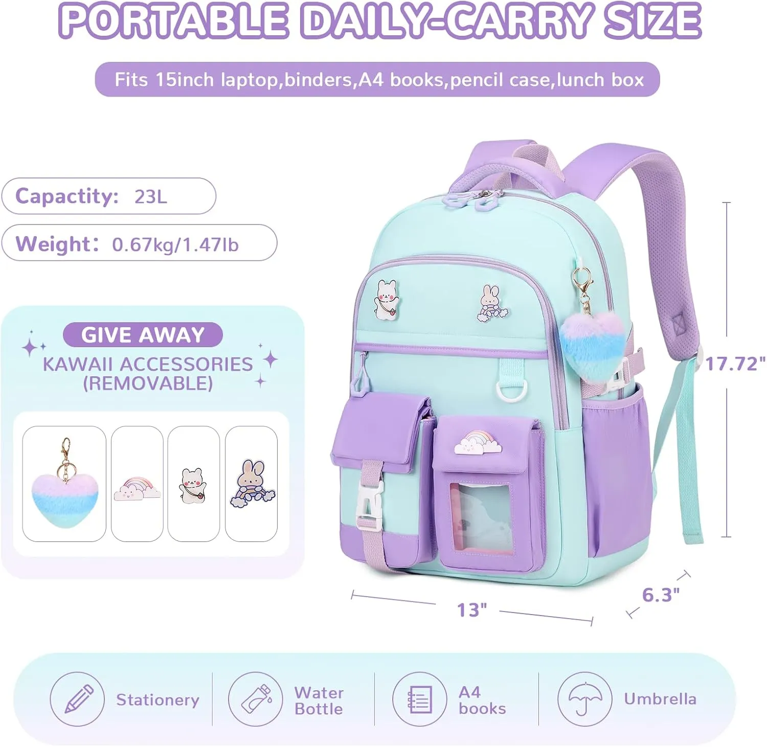 Girls Backpack, Kawaii Kids School Backpack Functional Pockets Watrer Resistant Girls Bookbag for Primary Elementary School,Age 6-14 Years Old, Green and Purple