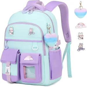 Girls Backpack, Kawaii Kids School Backpack Functional Pockets Watrer Resistant Girls Bookbag for Primary Elementary School,Age 6-14 Years Old, Green and Purple