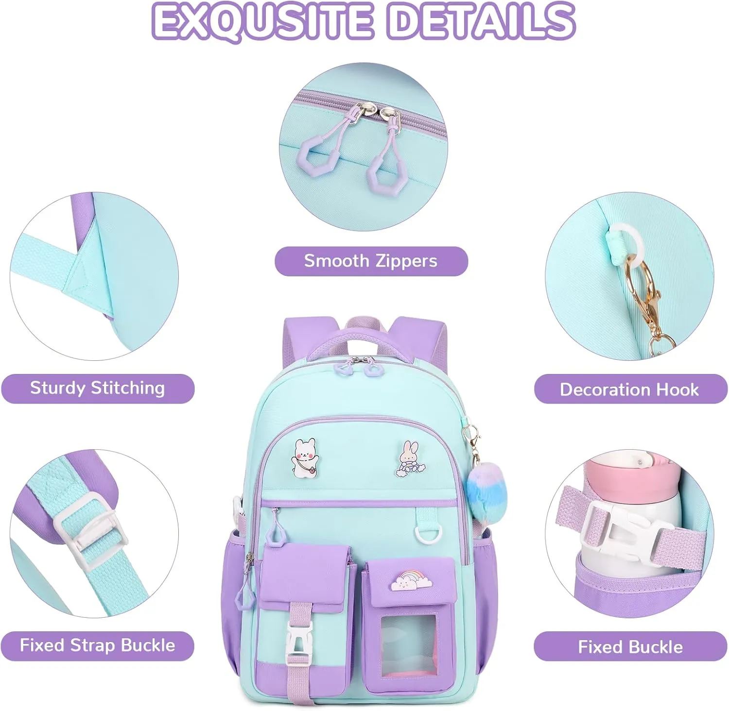 Girls Backpack, Kawaii Kids School Backpack Functional Pockets Watrer Resistant Girls Bookbag for Primary Elementary School,Age 6-14 Years Old, Green and Purple