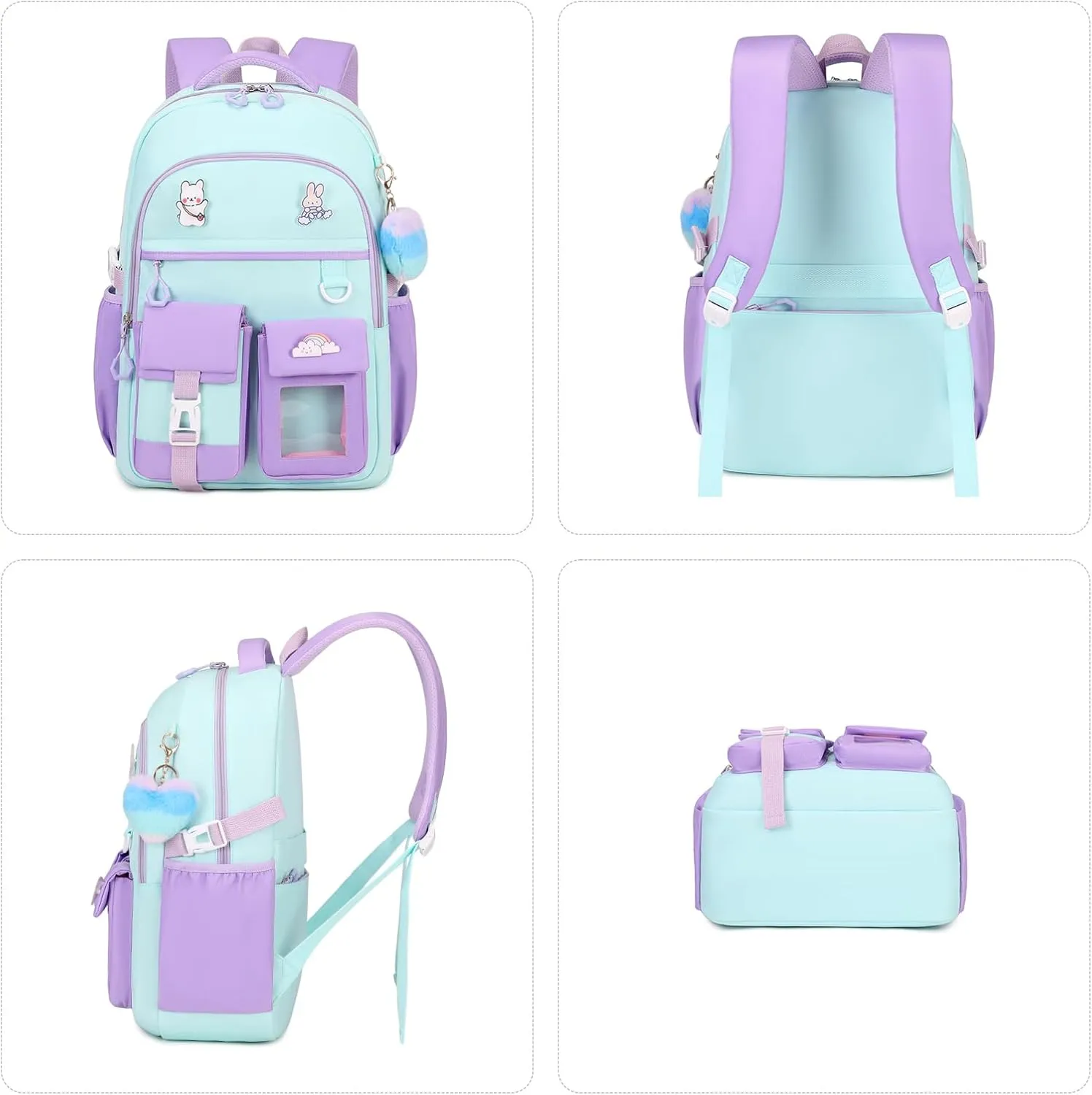 Girls Backpack, Kawaii Kids School Backpack Functional Pockets Watrer Resistant Girls Bookbag for Primary Elementary School,Age 6-14 Years Old, Green and Purple