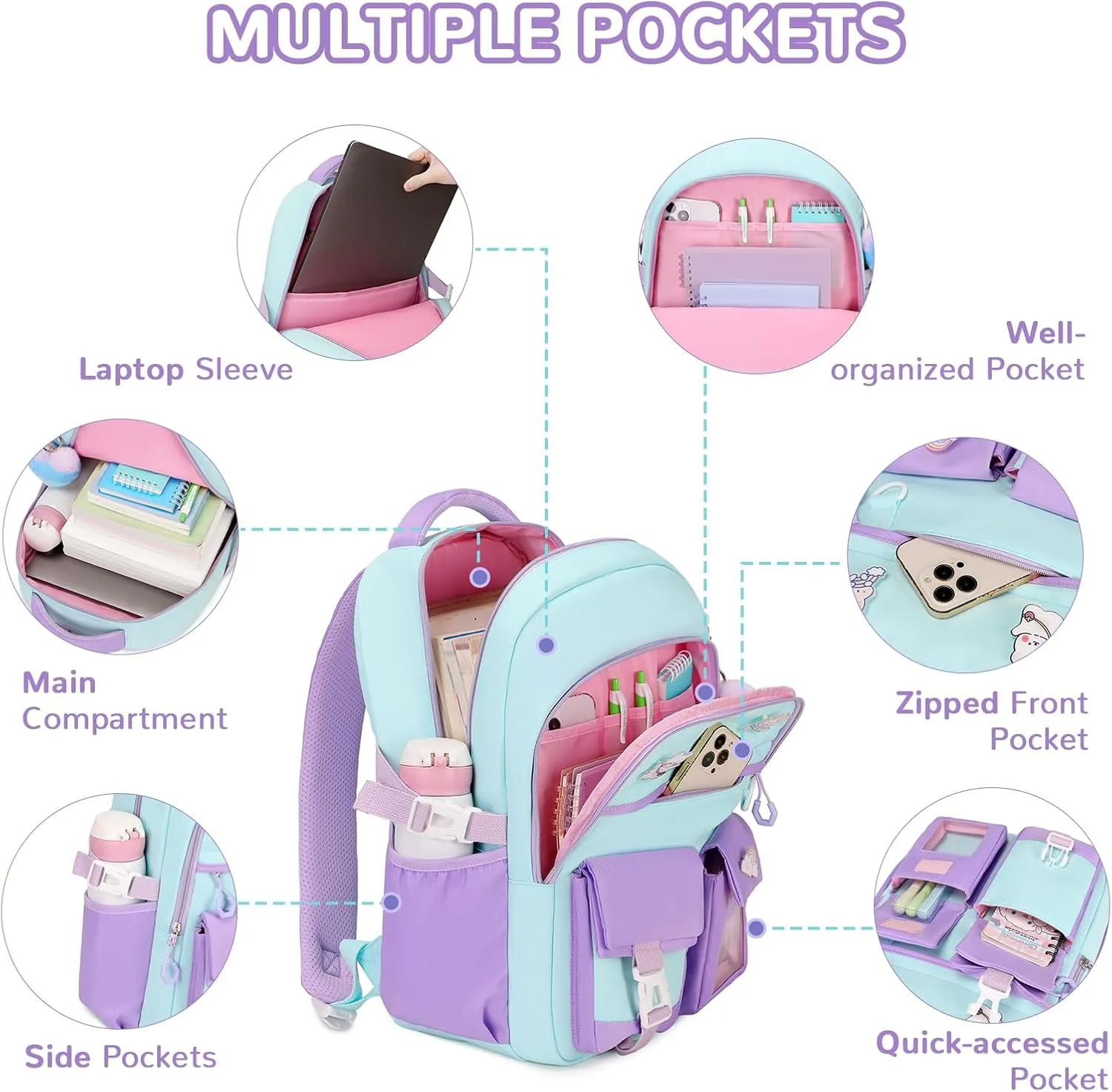Girls Backpack, Kawaii Kids School Backpack Functional Pockets Watrer Resistant Girls Bookbag for Primary Elementary School,Age 6-14 Years Old, Green and Purple