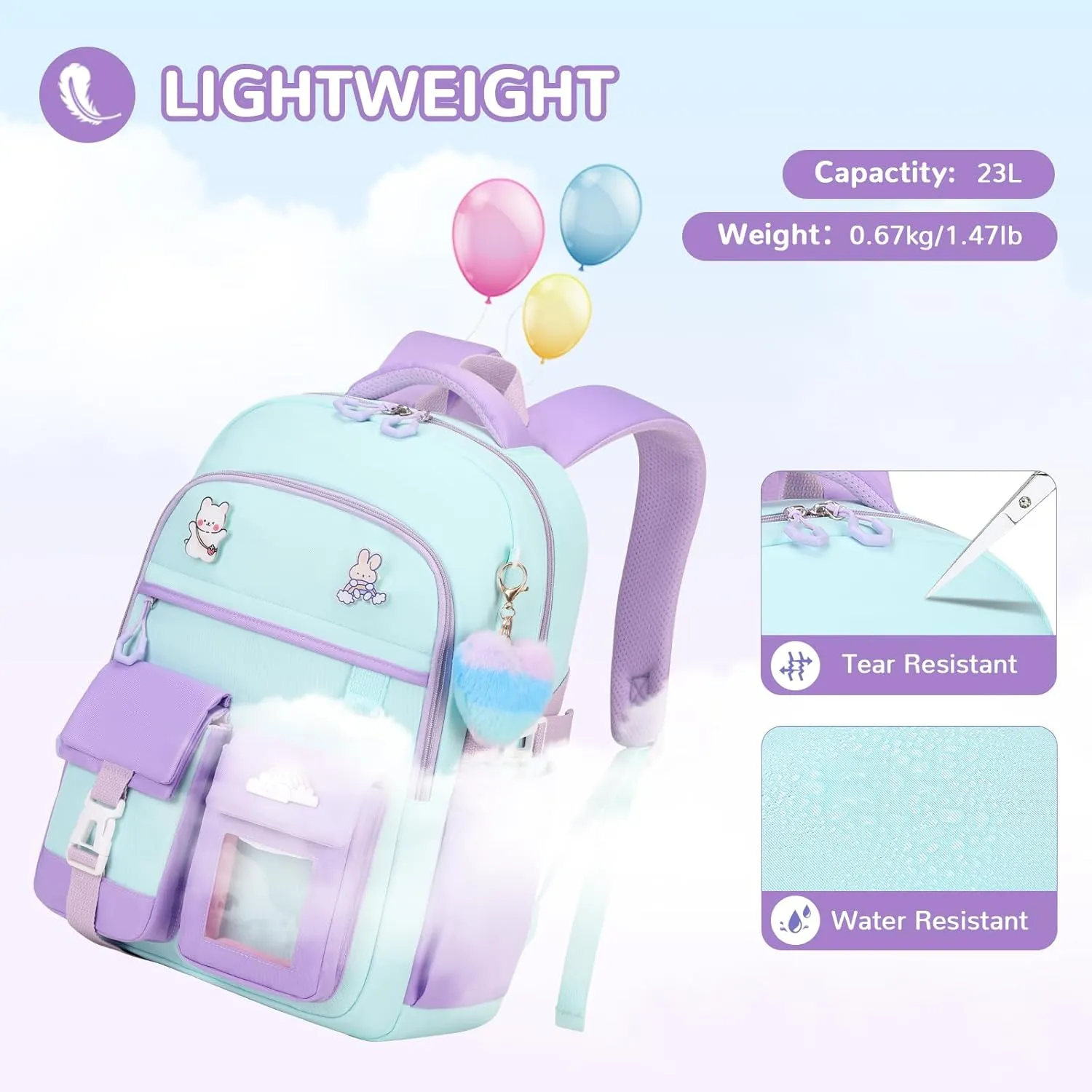 Girls Backpack, Kawaii Kids School Backpack Functional Pockets Watrer Resistant Girls Bookbag for Primary Elementary School,Age 6-14 Years Old, Green and Purple