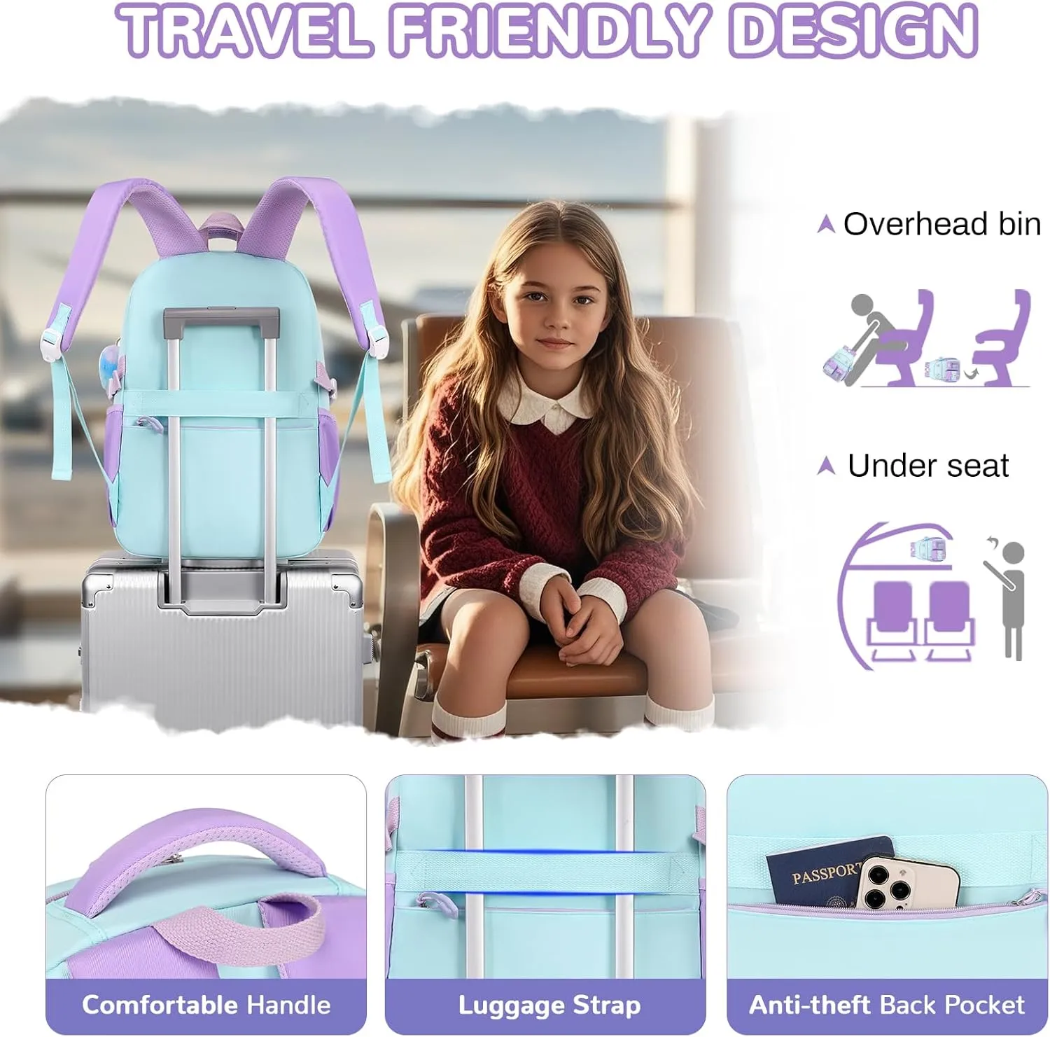 Girls Backpack, Kawaii Kids School Backpack Functional Pockets Watrer Resistant Girls Bookbag for Primary Elementary School,Age 6-14 Years Old, Green and Purple