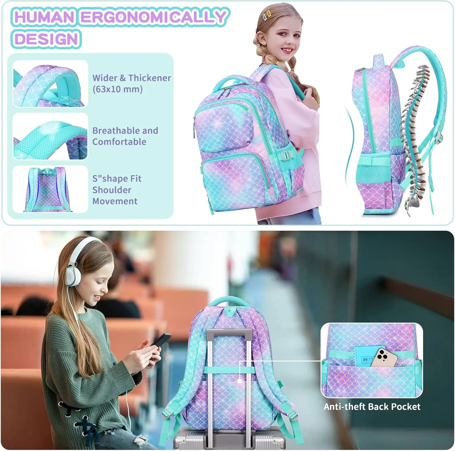 Girls backpack, Kids Backpacks for Girls with Pencil Case Set School Bags Kawaii Bookbag for Elementary Middle School, Age 6-12, Green Purple Mermaid