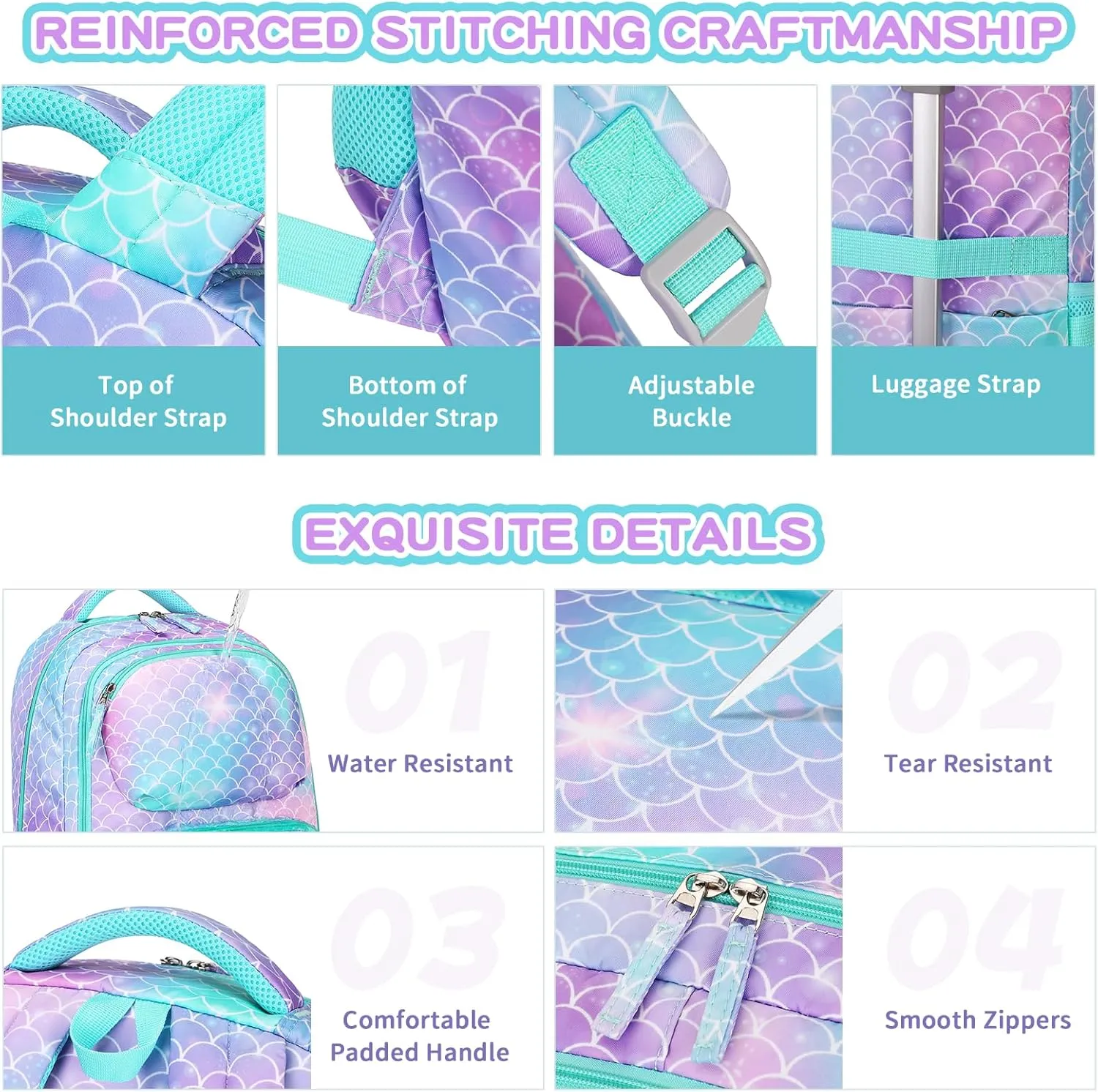 Girls backpack, Kids Backpacks for Girls with Pencil Case Set School Bags Kawaii Bookbag for Elementary Middle School, Age 6-12, Green Purple Mermaid