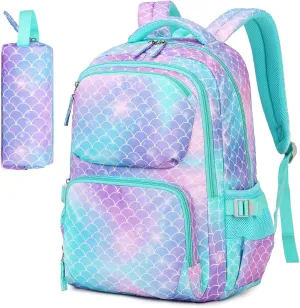 Girls backpack, Kids Backpacks for Girls with Pencil Case Set School Bags Kawaii Bookbag for Elementary Middle School, Age 6-12, Green Purple Mermaid