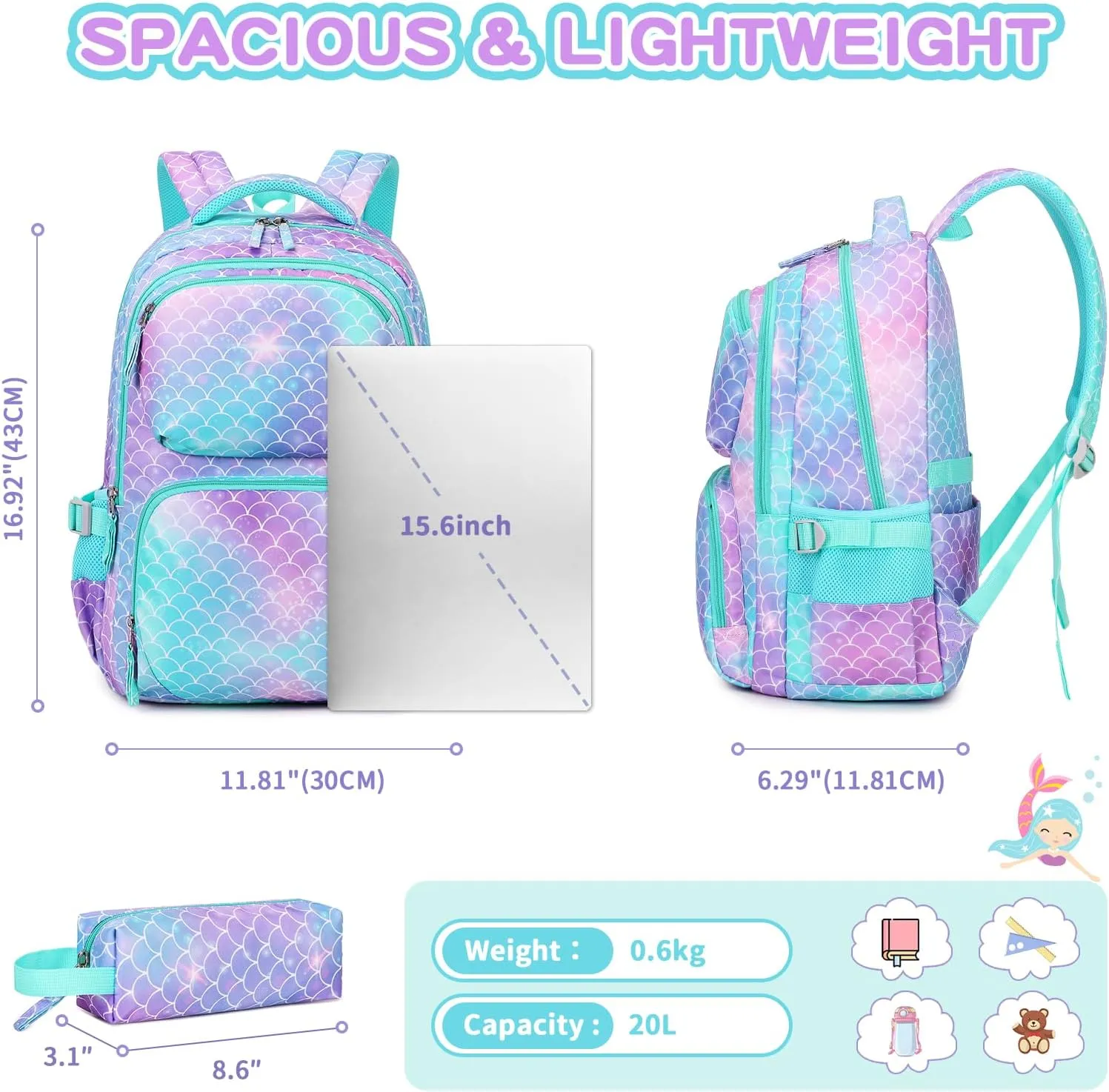 Girls backpack, Kids Backpacks for Girls with Pencil Case Set School Bags Kawaii Bookbag for Elementary Middle School, Age 6-12, Green Purple Mermaid