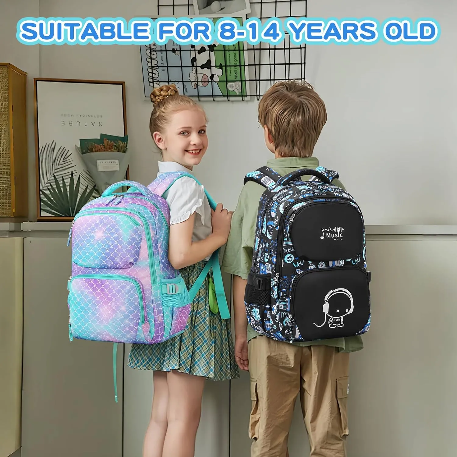 Girls backpack, Kids Backpacks for Girls with Pencil Case Set School Bags Kawaii Bookbag for Elementary Middle School, Age 6-12, Green Purple Mermaid