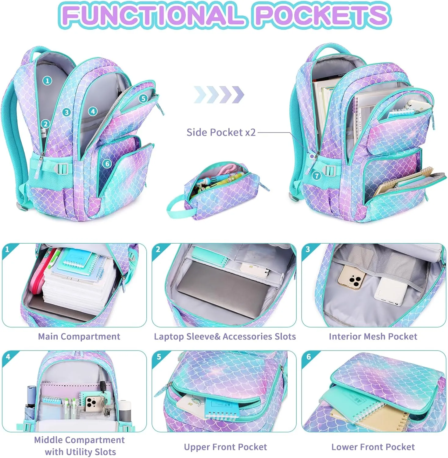 Girls backpack, Kids Backpacks for Girls with Pencil Case Set School Bags Kawaii Bookbag for Elementary Middle School, Age 6-12, Green Purple Mermaid