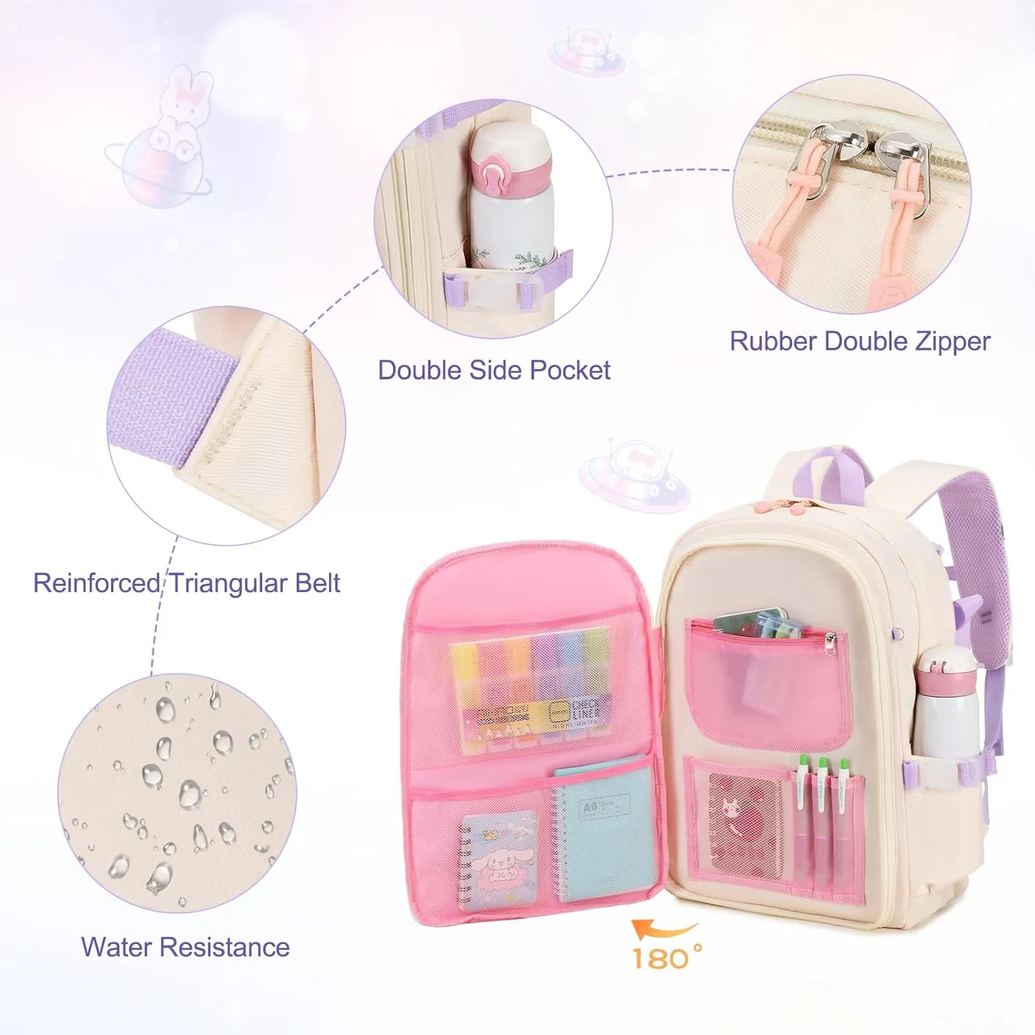 Girls Backpack Set, 3PCS Kids Backpack for Girls, Kawaii Bunny School Backpacks for Girls Kindergarten Elementary Preschool Middle School Bags with Lunch Box Pencil Case Beige