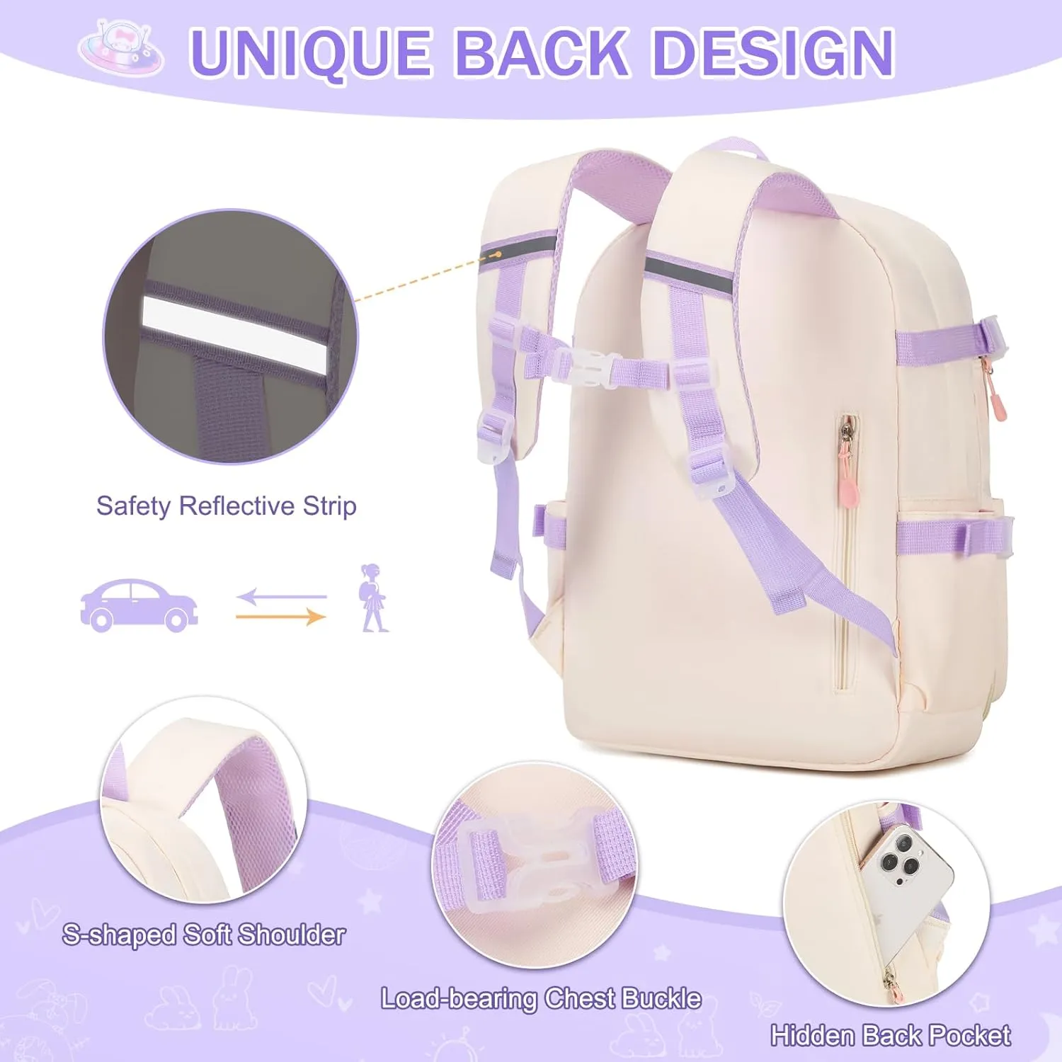 Girls Backpack Set, 3PCS Kids Backpack for Girls, Kawaii Bunny School Backpacks for Girls Kindergarten Elementary Preschool Middle School Bags with Lunch Box Pencil Case Beige
