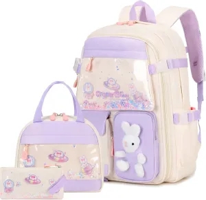 Girls Backpack Set, 3PCS Kids Backpack for Girls, Kawaii Bunny School Backpacks for Girls Kindergarten Elementary Preschool Middle School Bags with Lunch Box Pencil Case Beige