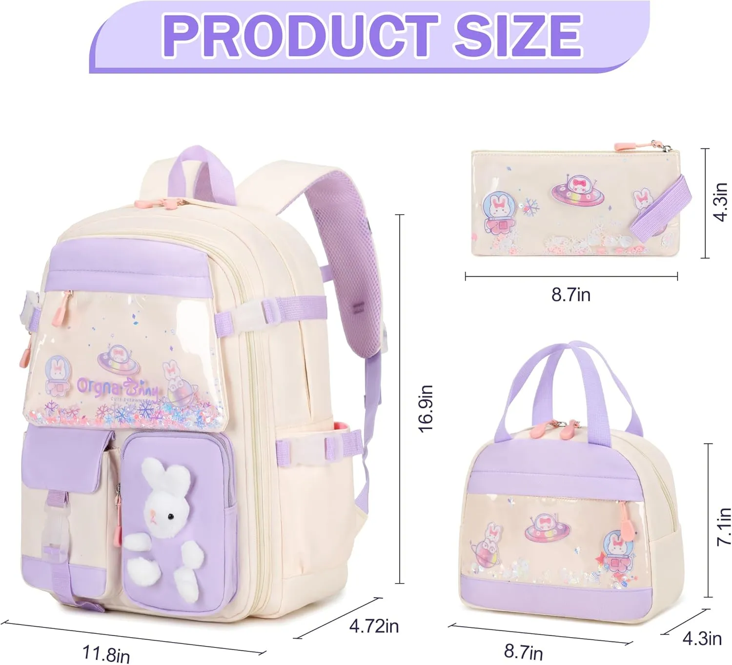Girls Backpack Set, 3PCS Kids Backpack for Girls, Kawaii Bunny School Backpacks for Girls Kindergarten Elementary Preschool Middle School Bags with Lunch Box Pencil Case Beige