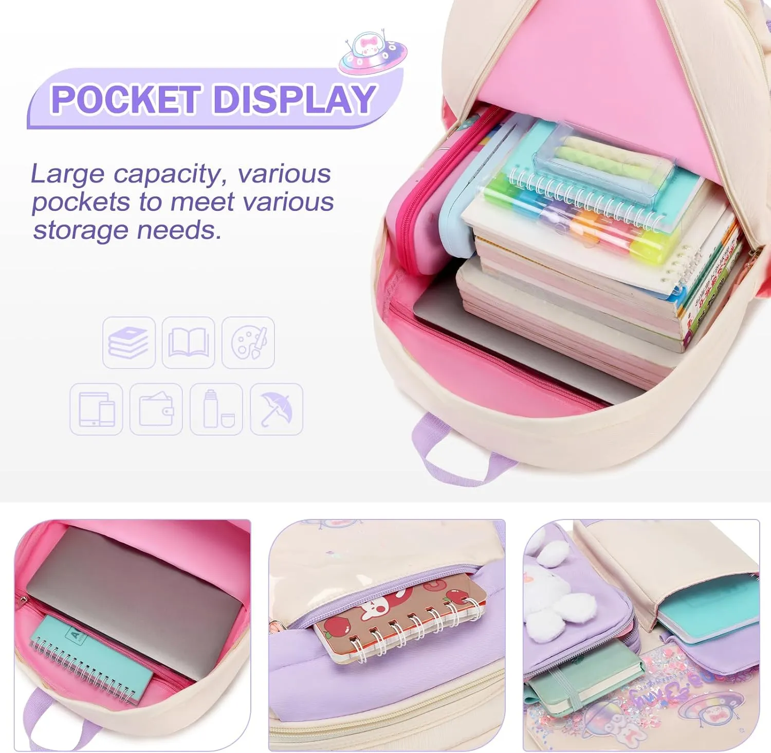 Girls Backpack Set, 3PCS Kids Backpack for Girls, Kawaii Bunny School Backpacks for Girls Kindergarten Elementary Preschool Middle School Bags with Lunch Box Pencil Case Beige