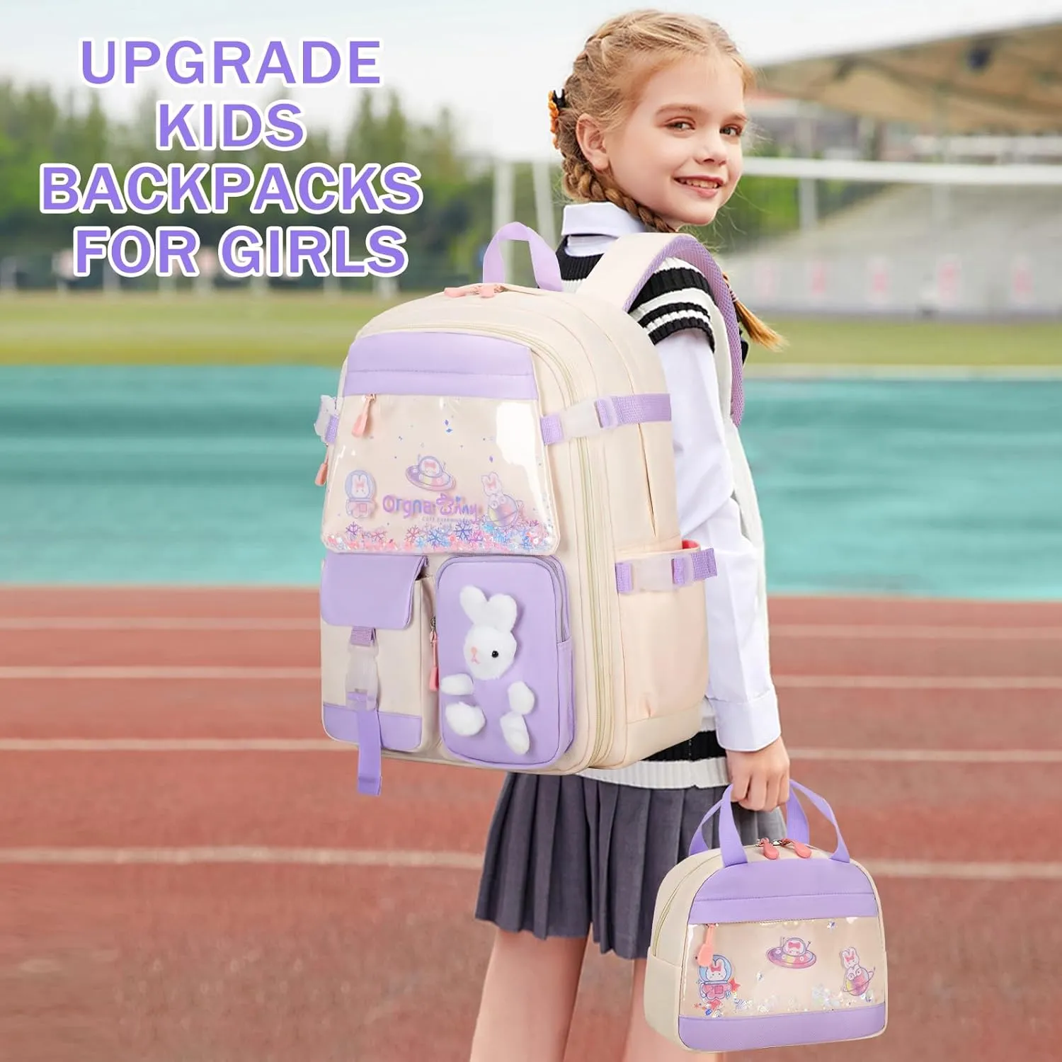 Girls Backpack Set, 3PCS Kids Backpack for Girls, Kawaii Bunny School Backpacks for Girls Kindergarten Elementary Preschool Middle School Bags with Lunch Box Pencil Case Beige