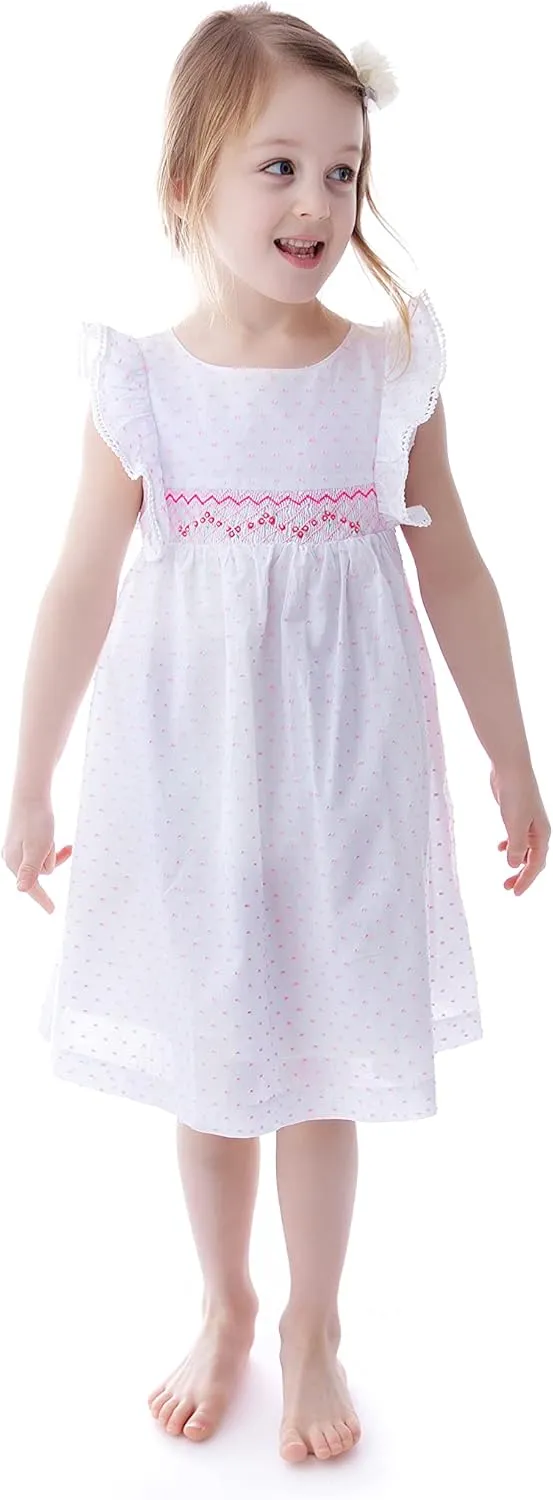 Girls Pin Dot Smocked Angel-Sleeve Dress - Casual Summer Sundress Flower Girl Dress - Infant, Toddler
