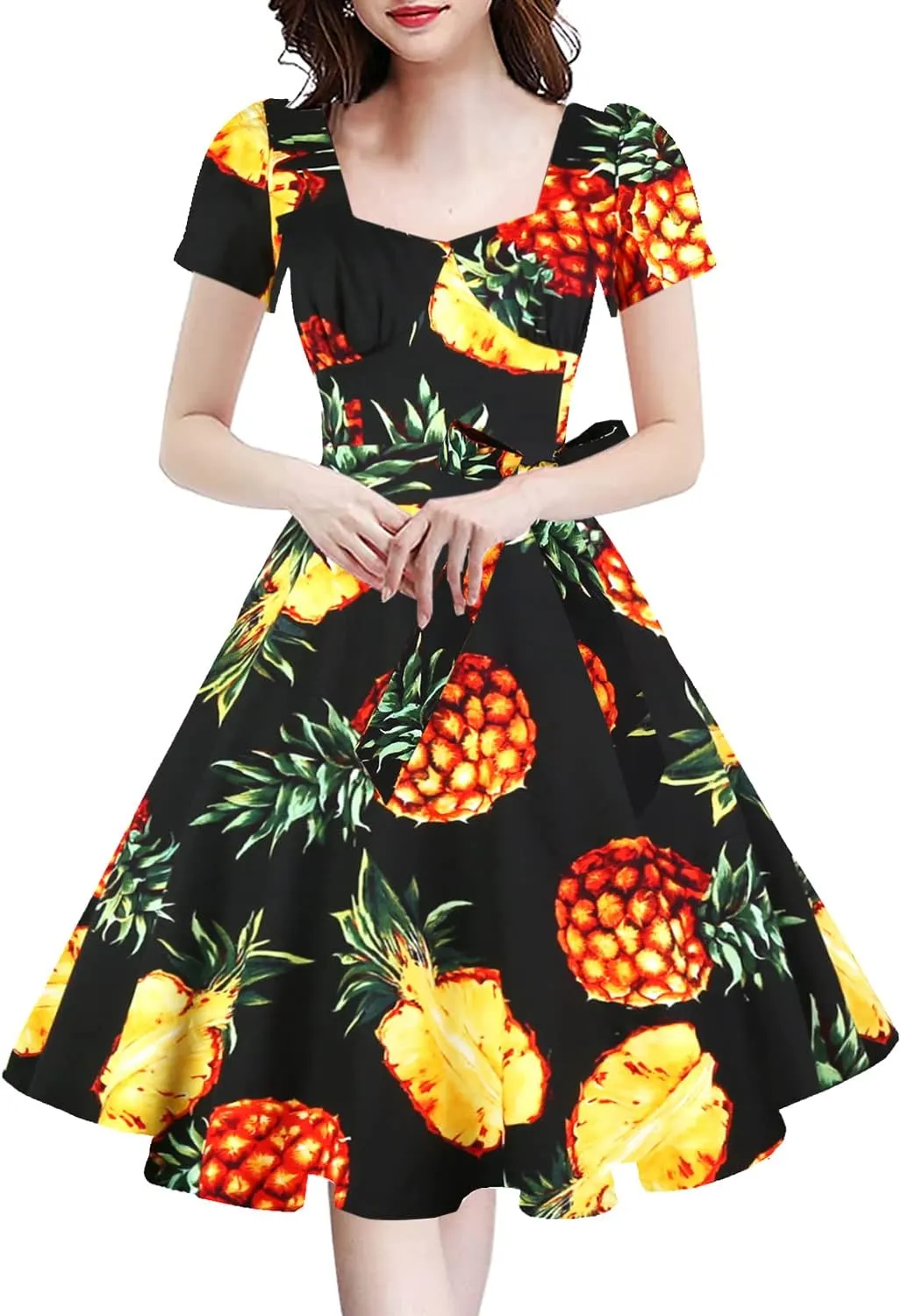 GOOBGS Women's 1950s Vintage Puff Sleeves Cocktail Rockabilly Swing Retro Dress with Pockets New