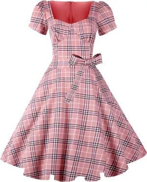 GOOBGS Women's 1950s Vintage Puff Sleeves Cocktail Rockabilly Swing Retro Dress with Pockets New