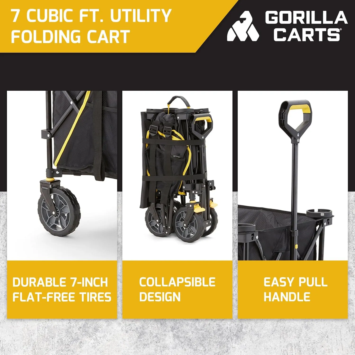 Gorilla Carts Collapsible Folding Utility Wagon Cart w/Oversized Bed, 7 Cu Ft, Black - 150 lb Capacity Outdoor Wheelbarrow w/Zipper Pockets & Built-in Cup Holders for Beach, Camping & Picnic