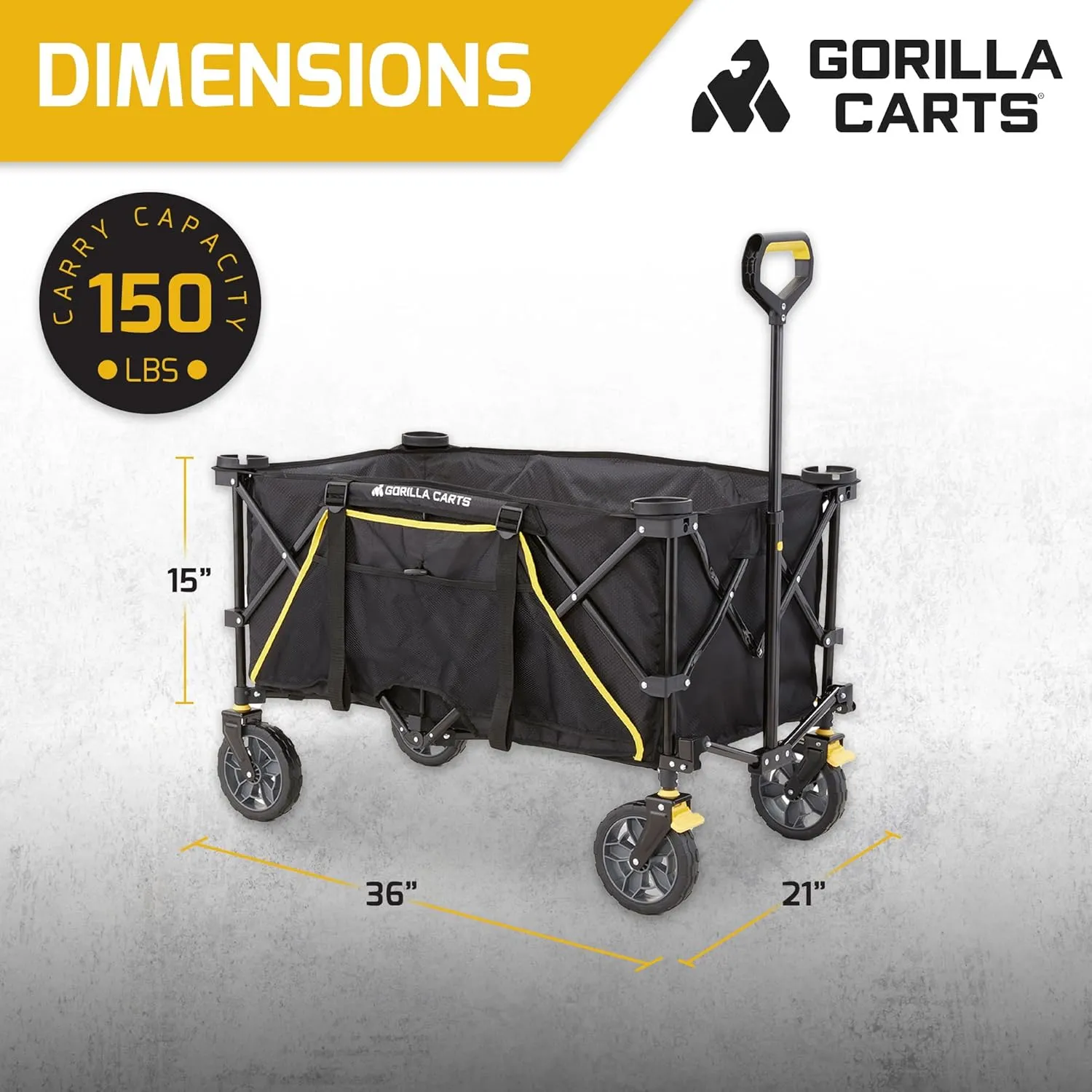 Gorilla Carts Collapsible Folding Utility Wagon Cart w/Oversized Bed, 7 Cu Ft, Black - 150 lb Capacity Outdoor Wheelbarrow w/Zipper Pockets & Built-in Cup Holders for Beach, Camping & Picnic