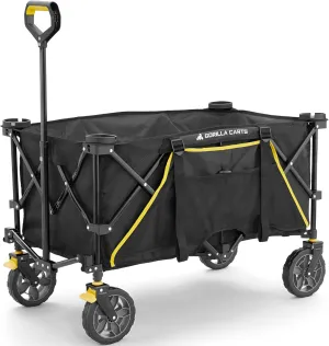 Gorilla Carts Collapsible Folding Utility Wagon Cart w/Oversized Bed, 7 Cu Ft, Black - 150 lb Capacity Outdoor Wheelbarrow w/Zipper Pockets & Built-in Cup Holders for Beach, Camping & Picnic