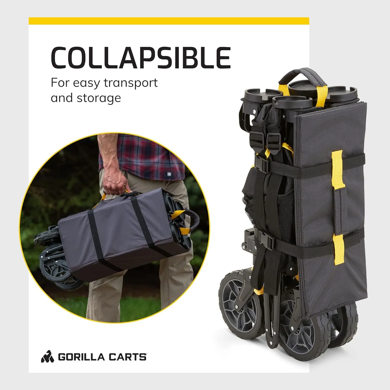 Gorilla Carts Collapsible Folding Utility Wagon Cart w/Oversized Bed, 7 Cu Ft, Black - 150 lb Capacity Outdoor Wheelbarrow w/Zipper Pockets & Built-in Cup Holders for Beach, Camping & Picnic