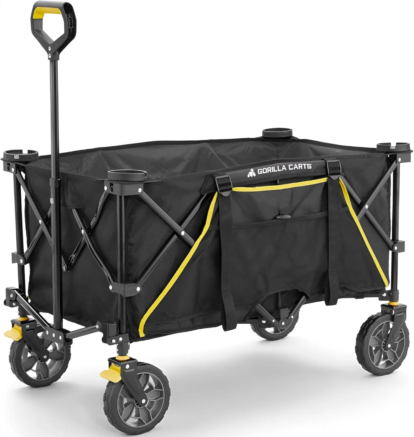 Gorilla Carts Collapsible Folding Utility Wagon Cart w/Oversized Bed, 7 Cu Ft, Black - 150 lb Capacity Outdoor Wheelbarrow w/Zipper Pockets & Built-in Cup Holders for Beach, Camping & Picnic