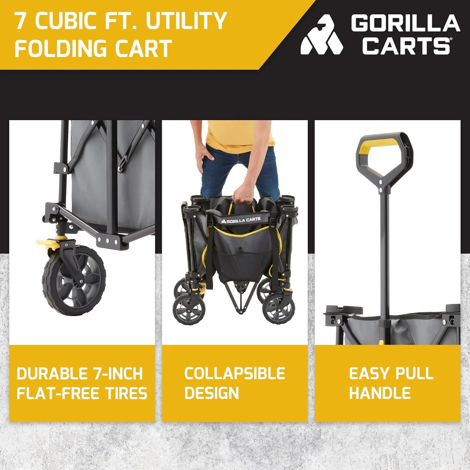 Gorilla Carts Collapsible Folding Utility Wagon Cart w/Oversized Bed, 7 Cu Ft, Gray - 150 lb Capacity Outdoor Wheelbarrow w/Zipper Pockets & Built-in Cup Holders for Beach, Camping & Picnic