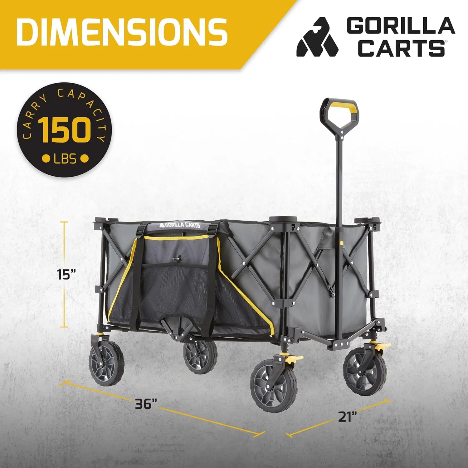 Gorilla Carts Collapsible Folding Utility Wagon Cart w/Oversized Bed, 7 Cu Ft, Gray - 150 lb Capacity Outdoor Wheelbarrow w/Zipper Pockets & Built-in Cup Holders for Beach, Camping & Picnic