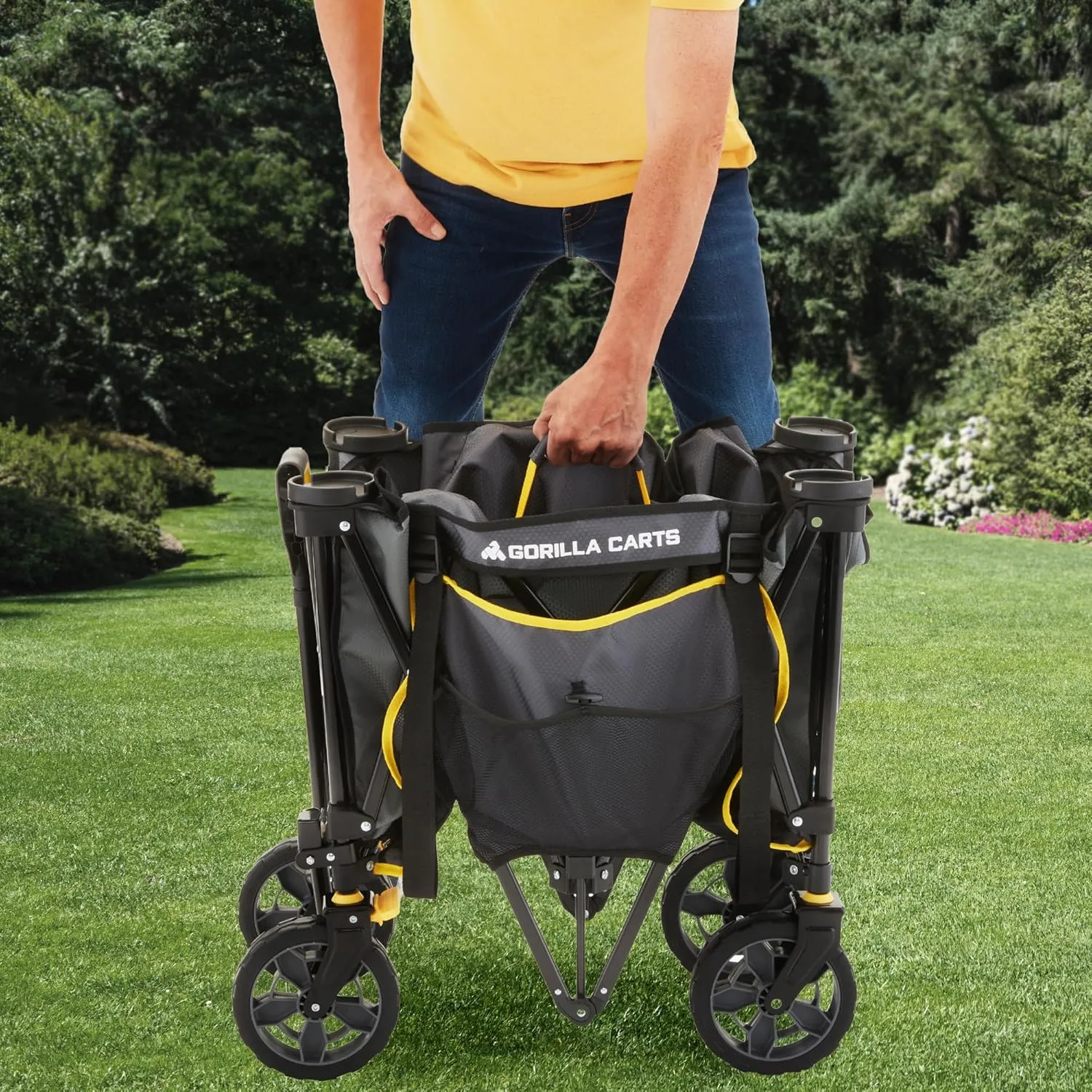 Gorilla Carts Collapsible Folding Utility Wagon Cart w/Oversized Bed, 7 Cu Ft, Gray - 150 lb Capacity Outdoor Wheelbarrow w/Zipper Pockets & Built-in Cup Holders for Beach, Camping & Picnic