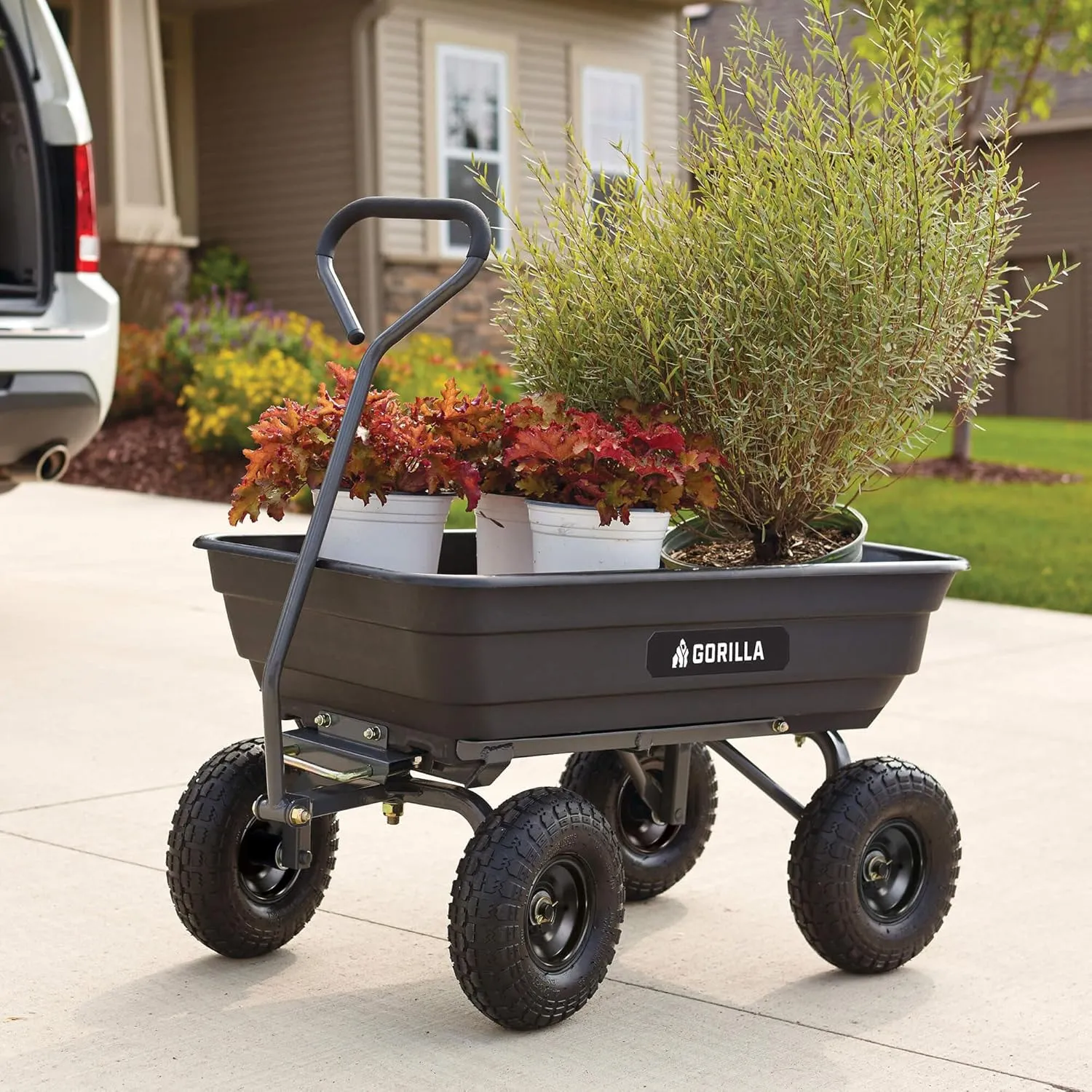 Gorilla Carts Heavy Duty Poly Utility Dump Wagon Garden Cart w/Pneumatic Tires, 4 Cu Ft - 600 lb Capacity Outdoor Wheelbarrow for Yard, Landscaping & Gardening