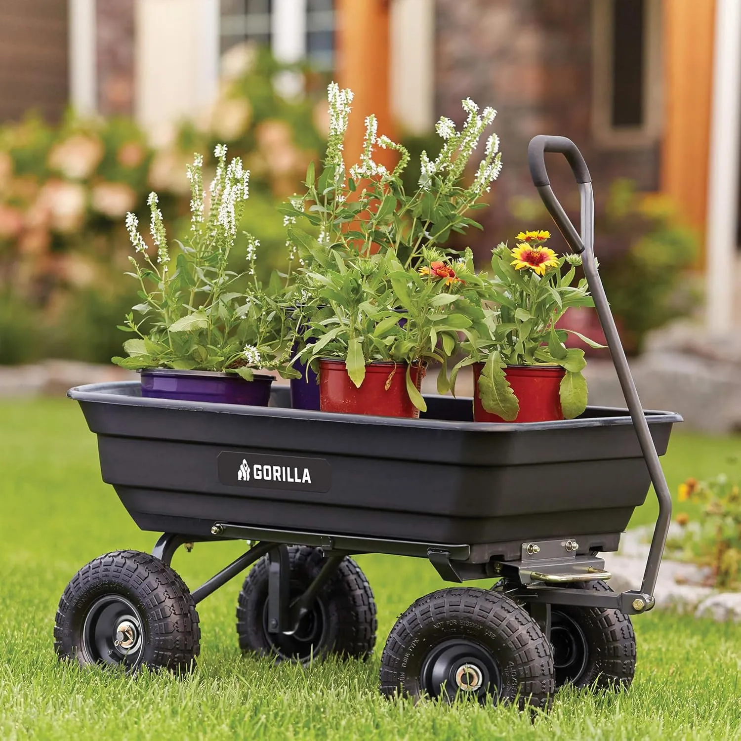 Gorilla Carts Heavy Duty Poly Utility Dump Wagon Garden Cart w/Pneumatic Tires, 4 Cu Ft - 600 lb Capacity Outdoor Wheelbarrow for Yard, Landscaping & Gardening