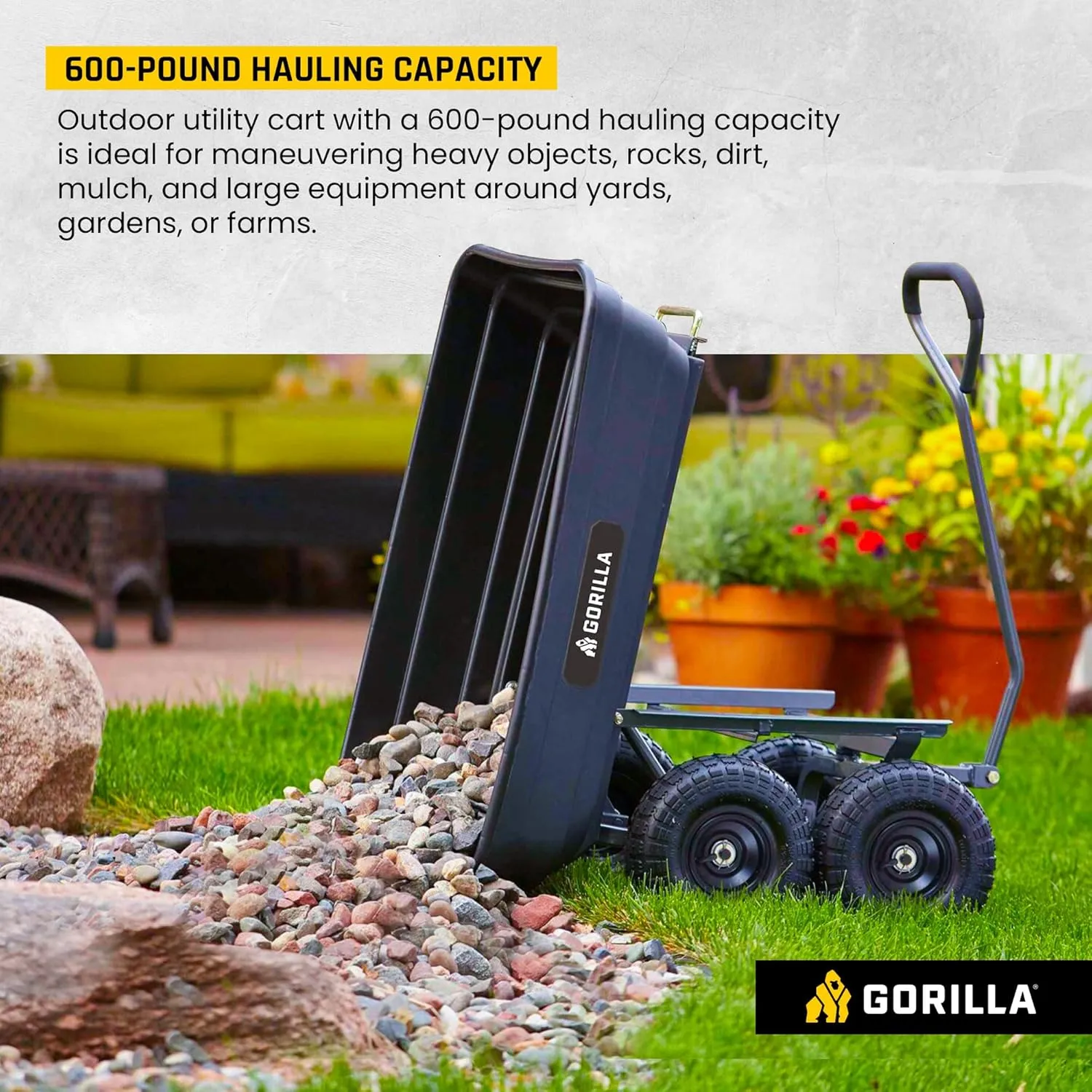 Gorilla Carts Heavy Duty Poly Utility Dump Wagon Garden Cart w/Pneumatic Tires, 4 Cu Ft - 600 lb Capacity Outdoor Wheelbarrow for Yard, Landscaping & Gardening