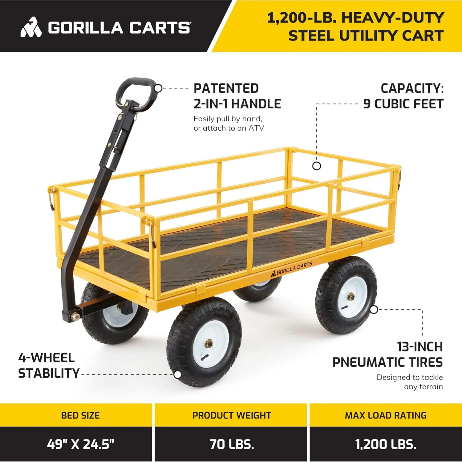 Gorilla Carts Heavy Duty Utility Cart, All Terrain Garden Wheelbarrow Wagon, 1200 Lb, Yellow - Gardening Equipment for Yard, Lawn, and Outdoor Use