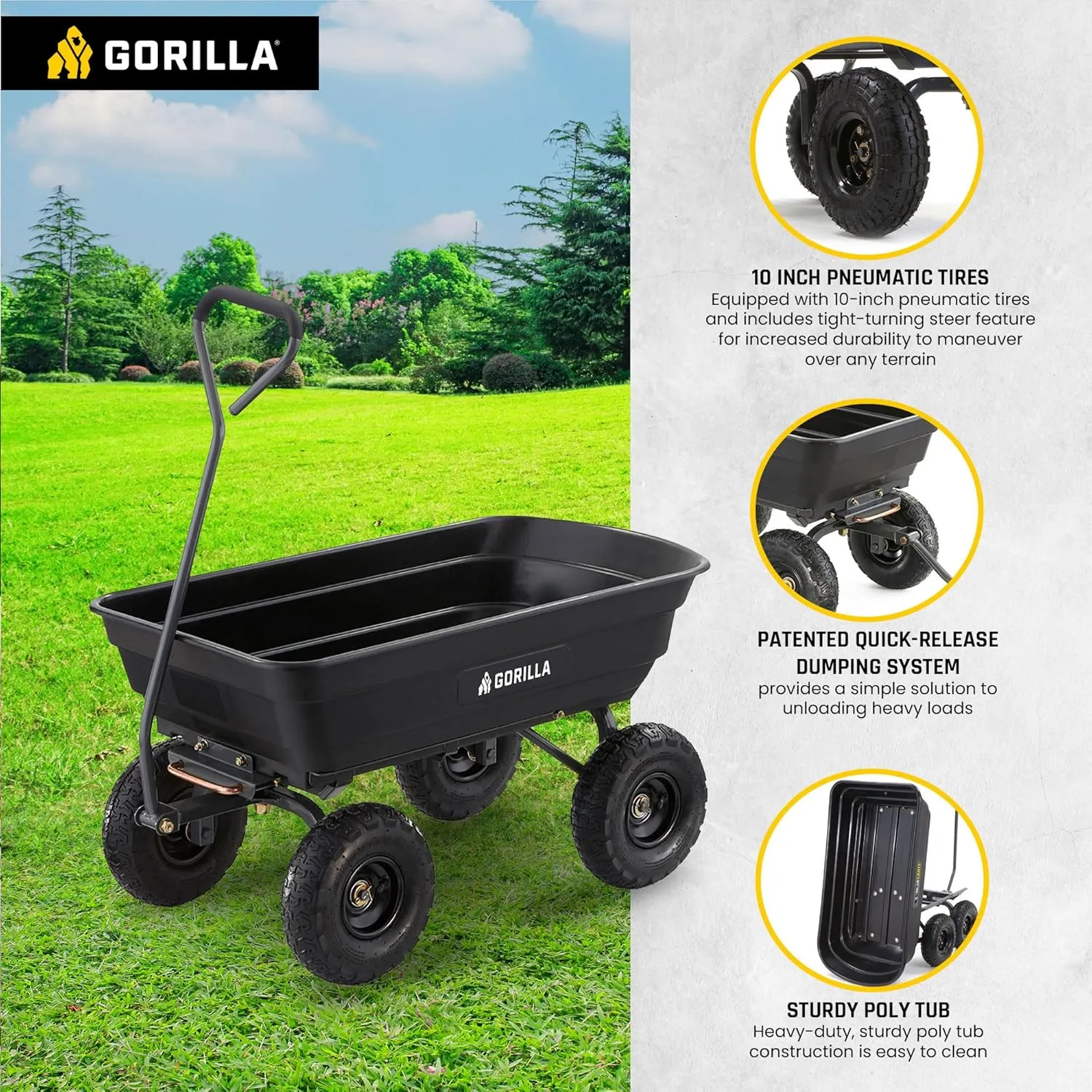 Gorilla Carts Utility Cart with Steel Frame, 600 Pound Capacity, and 10 Inch Tires