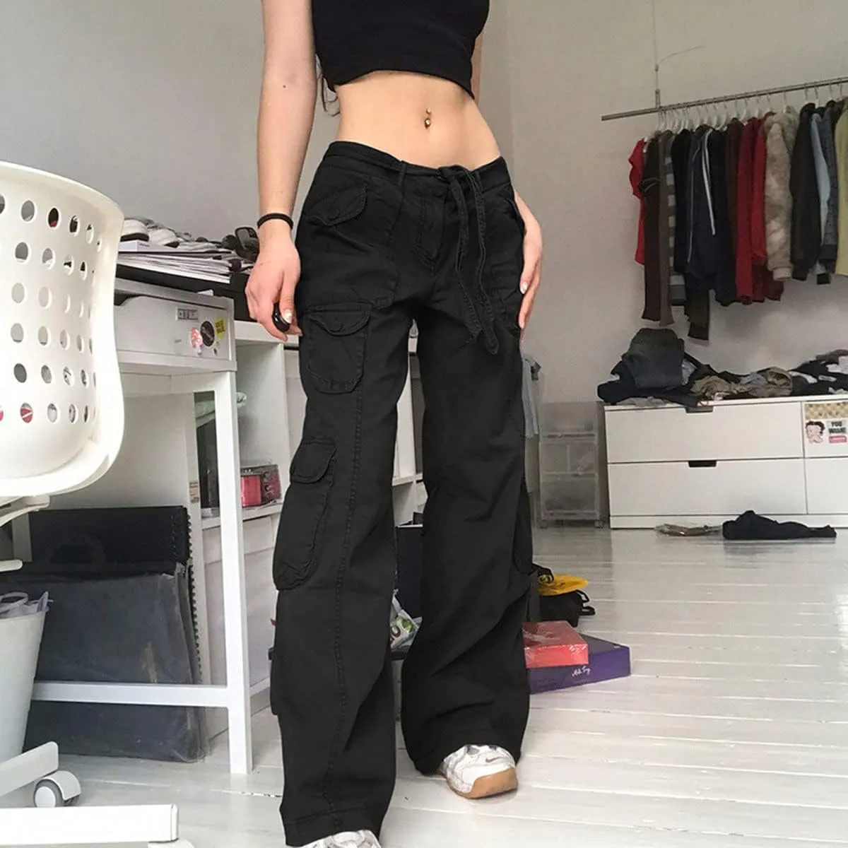 Gothic Cargo Pants Women's High Waist Wide Leg Jeans Women's Loose Casual Pants