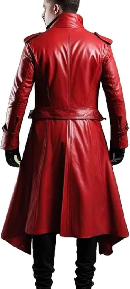 Gothic Military Style Long Leather Trench Coat, Red, Double-Breasted with Belt, XXS-XXXXL