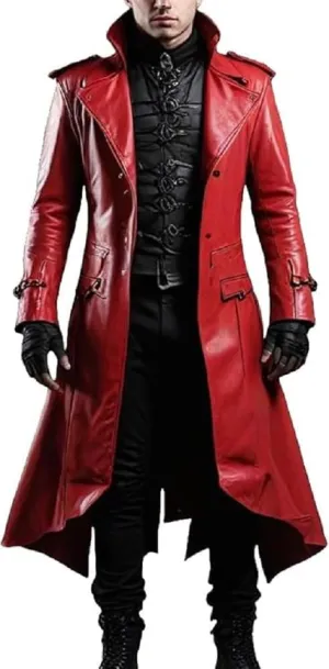 Gothic Military Style Long Leather Trench Coat, Red, Double-Breasted with Belt, XXS-XXXXL