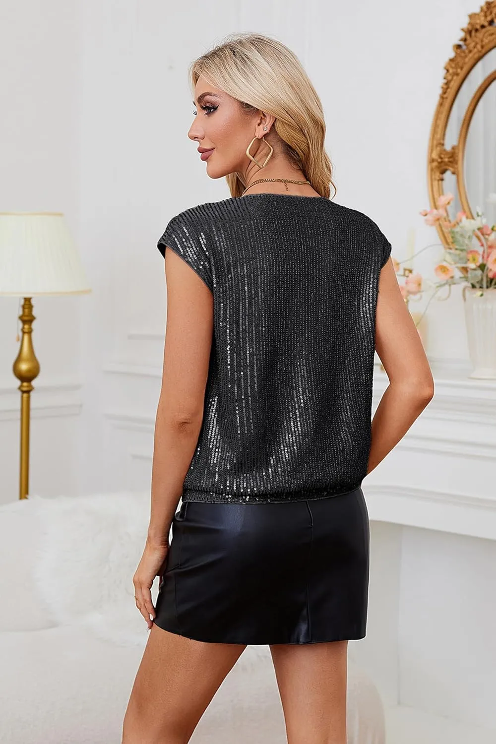 GRACE KARIN V Neck Sequin Short Sleeve Tops for Women Elastic Sparkly Tank Top for Party